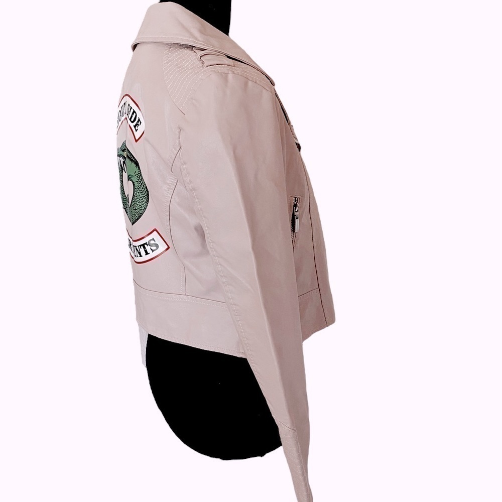 ZOLA FSLR Pink Faux Leather Cropped Moto Jacket “Southside Serpents” Cut… - Picture 7 of 12